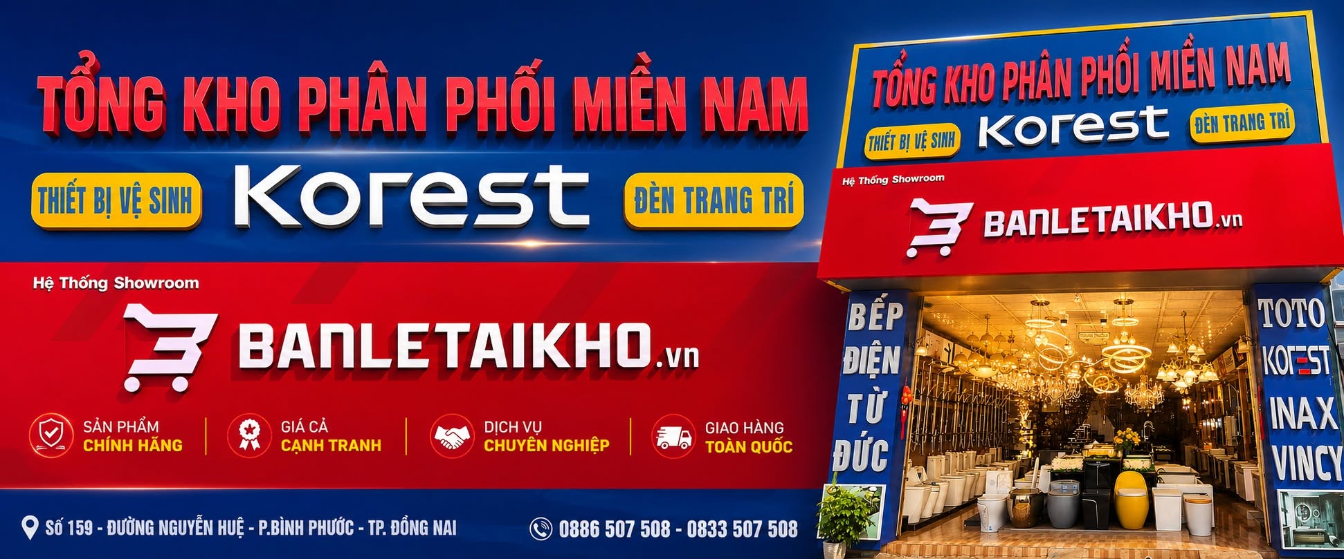 Khai Trương Bán Lẻ Tại Kho Bình Phước: Showroom Thiết Bị Vệ Sinh, Thiết bị Bếp và  Đèn Trang Trí