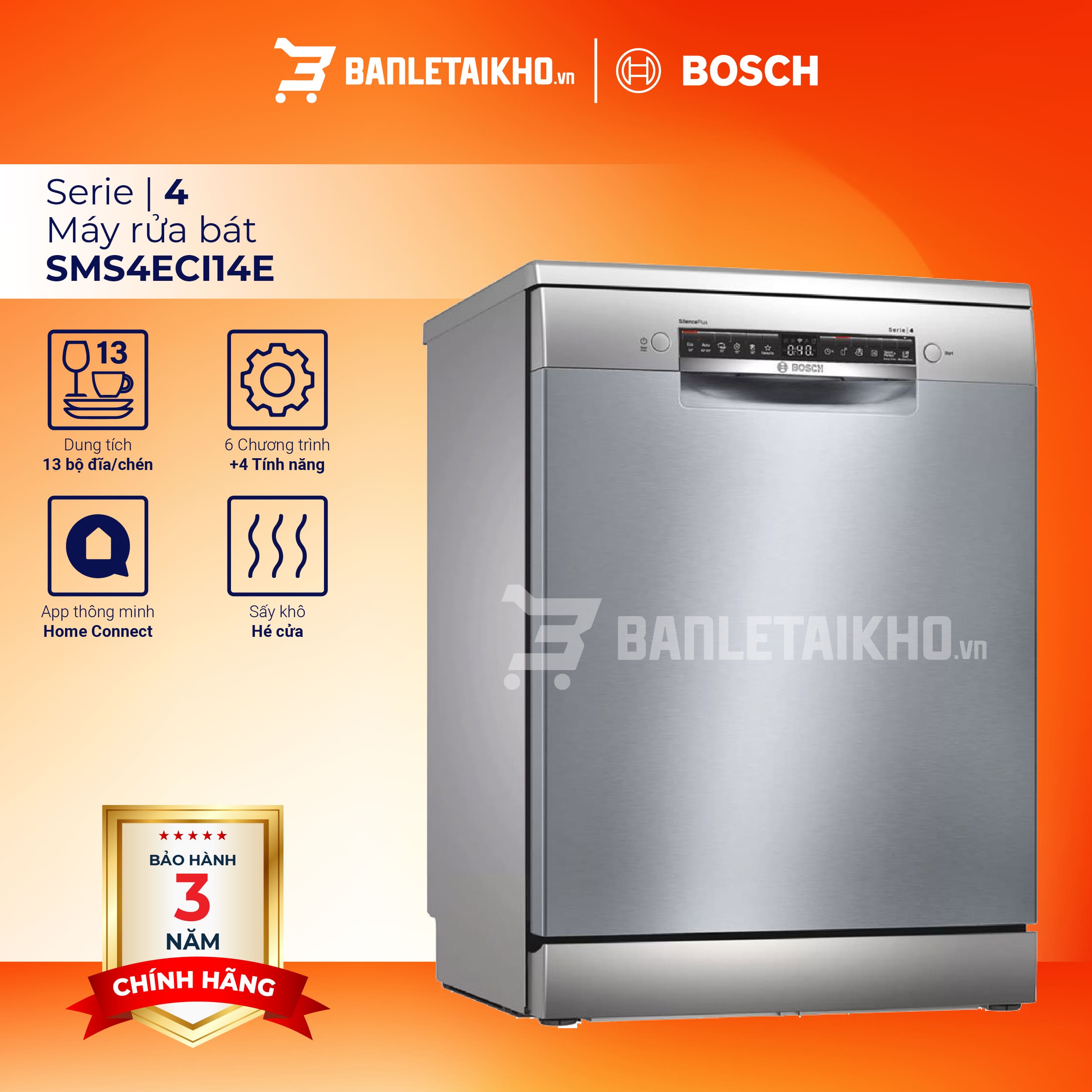 Máy Rửa Chén Độc Lập Bosch SMS4ECI14E – Serie 4
