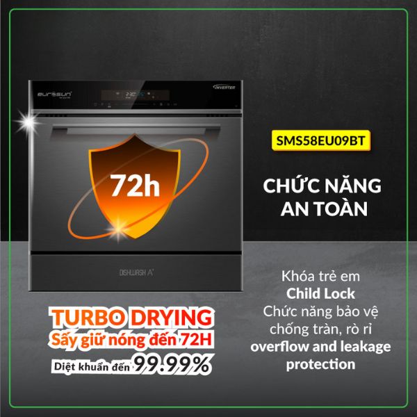 Eurosun SMS58EU09BT nổi bật với c&aacute;c t&iacute;nh năng an to&agrave;n ti&ecirc;n tiến, th&ocirc;ng minh
