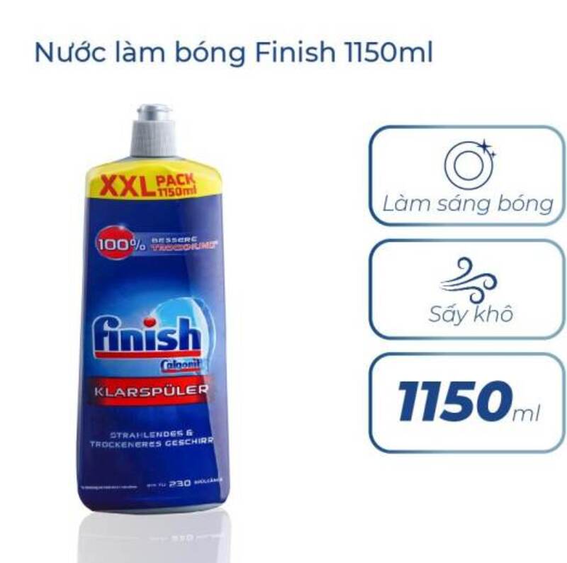 Nước l&agrave;m b&oacute;ng Finish 1150ml Lemon tăng cường khả năng l&agrave;m kh&ocirc; ch&eacute;n.