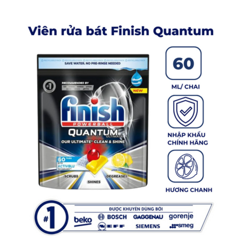 Vi&ecirc;n rửa b&aacute;t Finish Quantum Ultimate 60 vi&ecirc;n c&oacute; khả năng loại bỏ vế cứng đầu hiệu quả.
