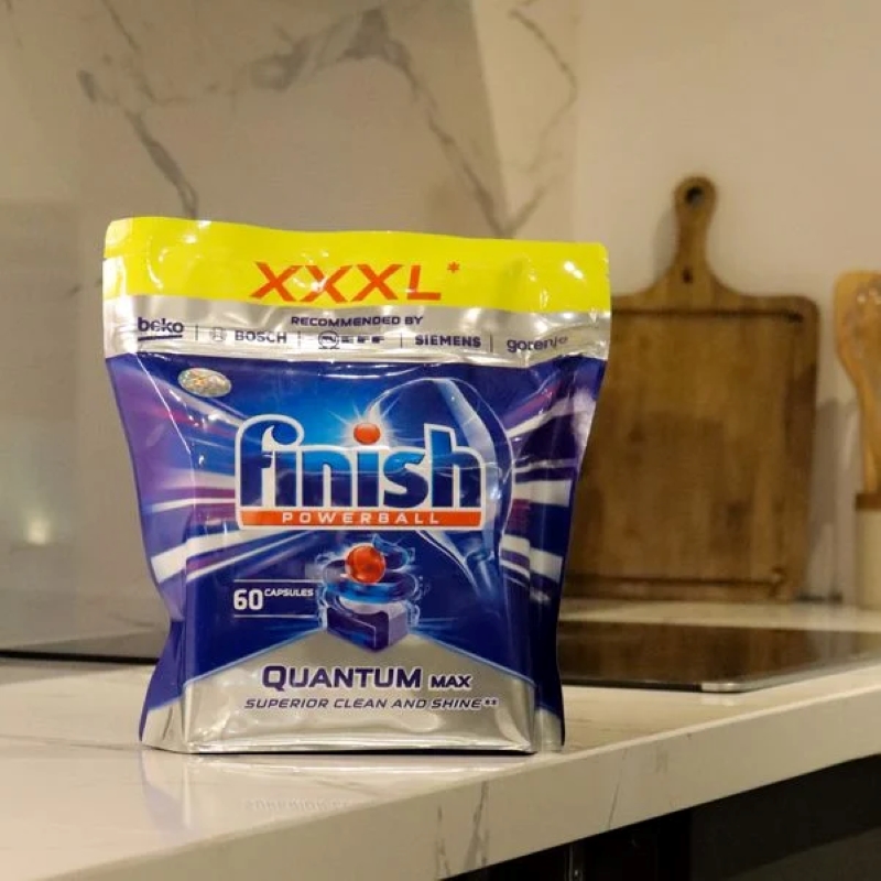 Vi&ecirc;n rửa ch&eacute;n Finish Quantum Max 60V Soda c&oacute; t&iacute;nh năng bảo vệ kim loại