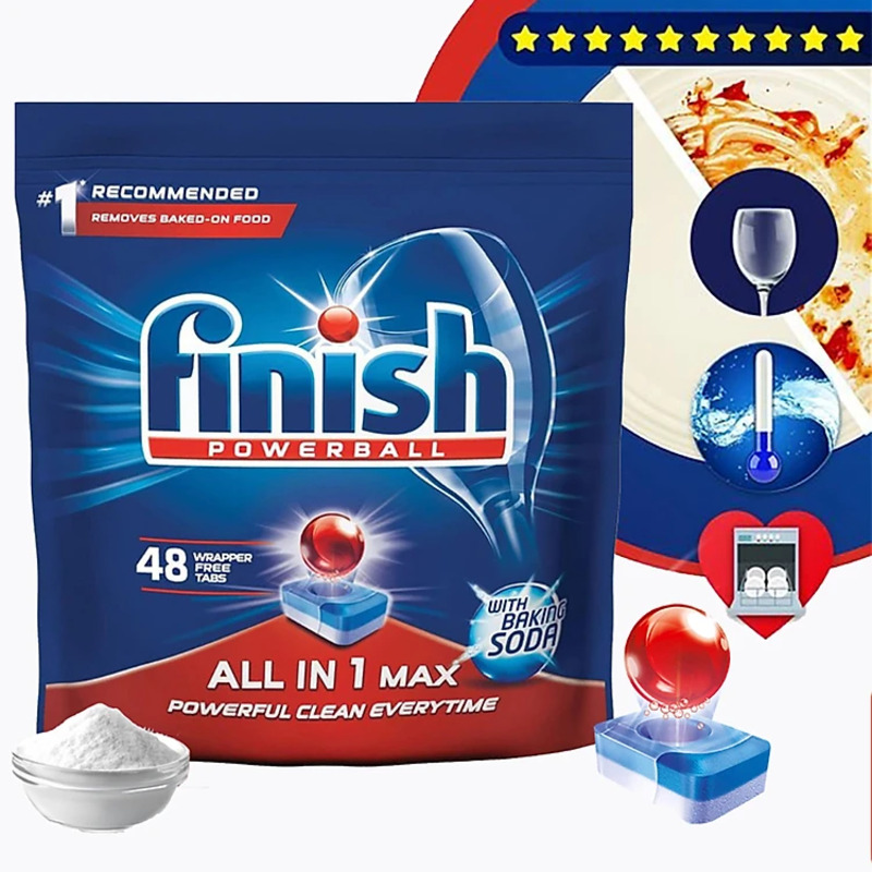 Vi&ecirc;n rửa ch&eacute;n Finish All In 1 Max 48V c&oacute; khả năng bảo về thuỷ tinh v&agrave; th&eacute;p kh&ocirc;ng gỉ