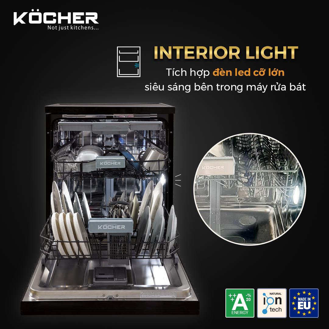 Máy rửa chén Kocher KDEU-8866S8 Series 8 thiết kế hệ thống đèn LED siêu sáng giúp dễ dàng quan sát bên trong máy